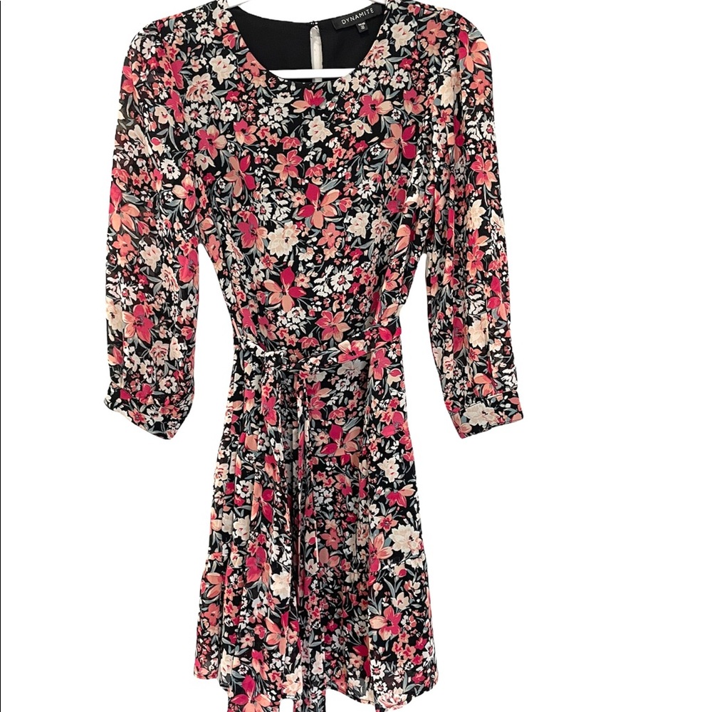 Dynamite, Women Long Sleeve Mini Flowy Dress, Belted,  XS, Floral, fitted waist